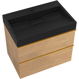 CERANO - Kúpeľňová skrinka Velora - dub medový - úchytka zlatá + umývadlo s otvorom pre batériu z liateho mramoru Vita - čierna - 70x53x46 cm