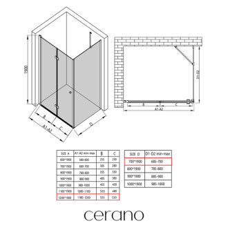 CERANO - Sprchovací kút Volpe L/P - 6 mm - čierna matná, transparentné sklo - 120x70x190 cm - zalamovacia