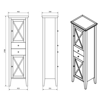 CROSS skrinka vysoká s práčovným košom 49x170x39cm, pravá, starobiela CR215