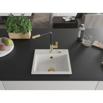 Jednodrezový žulový drez Mexen Milo s kuchynskou batériou Flora, biely - 6505-20-670401-57-G