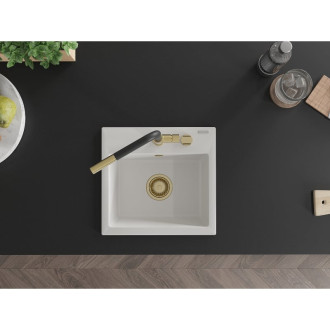 Jednodrezový žulový drez Mexen Milo s kuchynskou batériou Flora, biely - 6505-20-670401-57-G