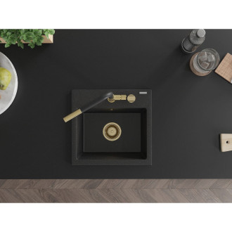 Jednodrezový žulový drez Mexen Milo s kuchynskou batériou Flora, čierna/strieborná metalíza - 6505-73-670401-57-G