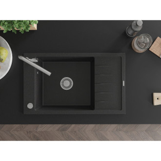 Jednodrezový žulový drez Mexen Elias s odkvapkávačom a kuchynskou batériou Flora, čierna/strieborná metalíza - 6511-73-670401-00