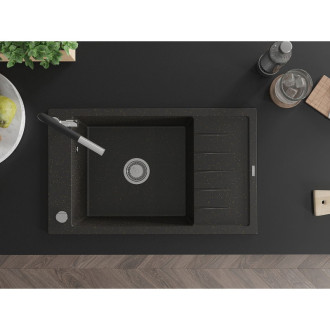 Jednodrezový žulový drez Mexen Elias s odkvapkávačom a kuchynskou batériou Flora, čierna/zlatá metalíza - 6511-75-670401-07