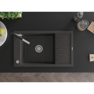 Jednodrezový žulový drez Mexen Elias s odkvapkávačom a kuchynskou batériou Flora, čierna bodkovaná - 6511-76-670401-07