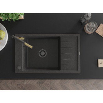 Jednodrezový žulový drez Mexen Elias s odkvapkávačom a kuchynskou batériou Flora, čierna bodkovaná - 6511-76-670401-75-B