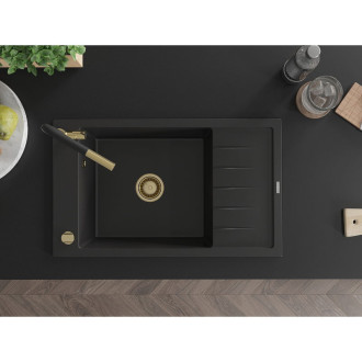 Jednodrezový žulový drez Mexen Elias s odkvapkávačom a kuchynskou batériou Flora, čierny - 6511-77-670401-57-G