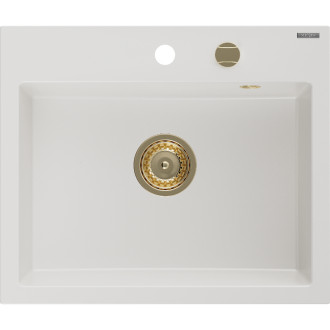 Jednodrezový žulový drez Mexen Oscar 580 x 490 mm, biely, zlatý sifón - 6519581000-20-G