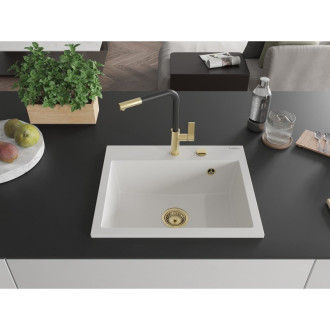 Jednodrezový žulový drez Mexen Oscar 580 x 490 mm, biely, zlatý sifón - 6519581000-20-G