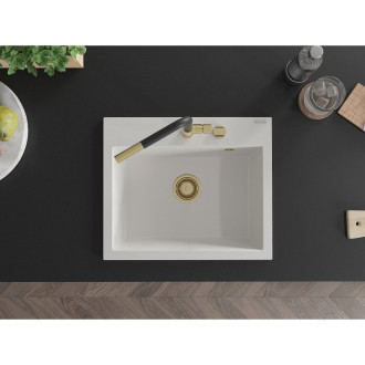 Jednodrezový žulový drez Mexen Oscar 580 x 490 mm, biely, zlatý sifón - 6519581000-20-G