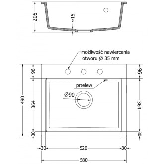 Jednodrezový žulový drez Mexen Oscar 580 x 490 mm, biely, zlatý sifón - 6519581000-20-G