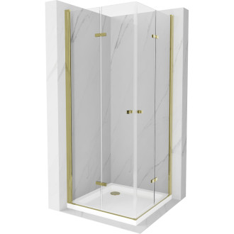 Skladací sprchovací kút Mexen Lima Duo 70 x 70 cm, priehľadný, zlatý + Plochá sprchová vanička - 856-070-070-50-02-4010G