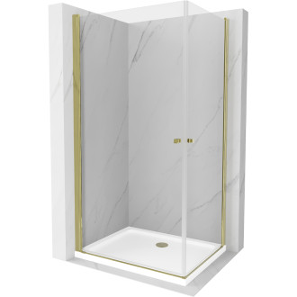 Mexen Pretoria Duo výklopný sprchovací kút 80 x 70 cm, priehľadný, zlatý + plochá sprchová vanička - 852-080-070-50-02-4010G