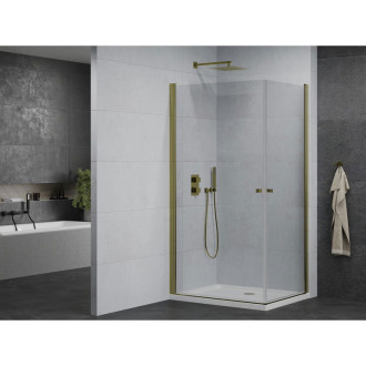 Mexen Pretoria Duo výklopný sprchový kout 90 x 80 cm, průhledný, zlatý + plochá sprchová vanička - 852-090-080-50-02-4010G