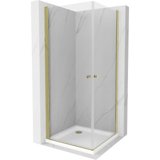 Mexen Pretoria Duo výklopný sprchovací kút 90 x 90 cm, priehľadný, zlatý + plochá sprchová vanička - 852-090-090-50-02-4010G