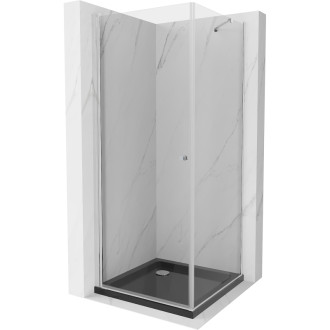 Mexen Pretoria výklopný sprchovací kút 90 x 90 cm, priehľadný, chróm + plochá sprchová vanička, čierna - 852-090-090-01-00-4070