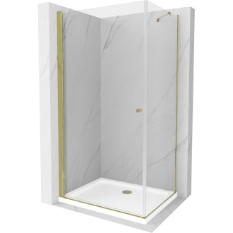Sprchovací kút Mexen Pretoria s výklopným mechanizmom 80 x 70 cm, priehľadný, zlatý + Plochá sprchová vanička - 852-080-070-50-00-4010