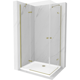 Sprchovací kút Mexen Roma Duo s výklopným mechanizmom 90 x 80 cm, priehľadný, zlatý + plochá sprchová vanička - 854-090-080-50-02-4010G
