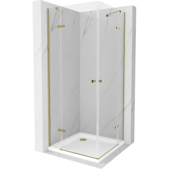 Sprchovací kút Mexen Roma Duo s výklopným mechanizmom 100 x 100 cm, priehľadný, zlatý + plochá sprchová vanička - 854-100-100-50-02-4010G
