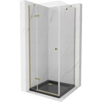 Sprchovací kút Mexen Roma s výklopným mechanizmom 80 x 80 cm, priehľadný, zlatý + plochá sprchová vanička, čierna - 854-080-080-50-00-4070G