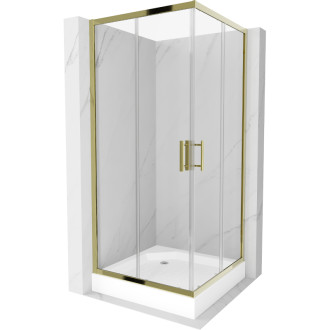 Sprchovací kút Mexen Rio štvorcový 90 x 90 cm, priehľadný, zlatý + sprchová vanička Rio, biela - 860-090-090-50-00-4510