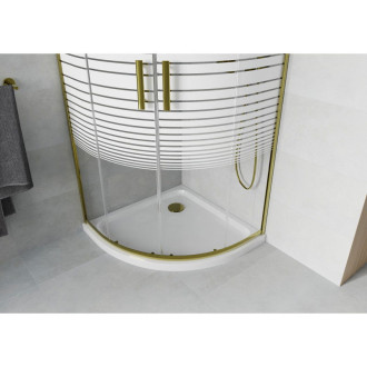 Půlkruhový sprchový kout Mexen Rio 80 x 80 cm, bílé pruhy, zlatá + Plochá sprchová vanička, bílá - 863-080-080-50-20-4110G