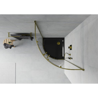 Půlkruhový sprchový kout Mexen Rio 90 x 90 cm, průhledný, zlatý + plochá sprchová vanička, černá - 863-090-090-50-00-4170G
