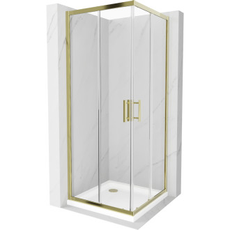 Sprchovací kút Mexen Rio štvorcový 90 x 90 cm, priehľadný, zlatý + plochá sprchová vanička, biela - 860-090-090-50-00-4010G