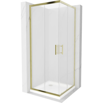 Sprchovací kút Mexen Rio štvorcový 80 x 80 cm, matne zlatý + plochá sprchová vanička, biela - 860-080-080-50-30-4010G