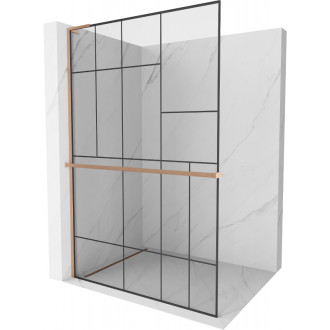 Mexen Kioto+ Sprchová zástena L s policou 70 x 200 cm, čierny vzor, kartáčovaná meď - 800-070-123-65-78