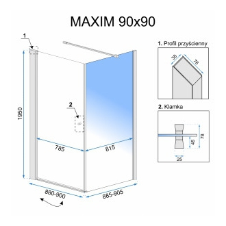 Rea sklenený kút priehľadný bez vaničky 90x90x195 vpravo Maxim REA-K0267