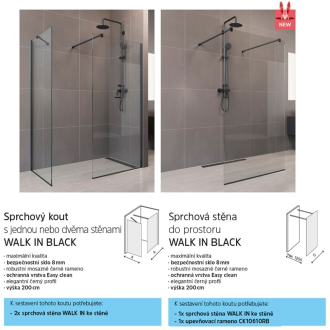 Mereo Novea sprchová stena Walk in Black 70 x 200 cm, sklo 8 mm, EASY CLEAN CK10600HB