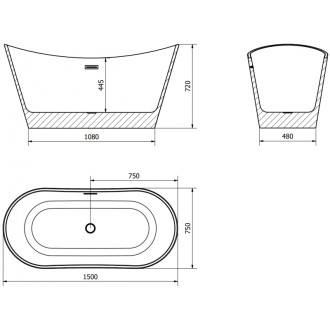 Voľne stojaca vaňa Mexen Montana 150 x 75 cm, biela/čierna, kartáčovaný prepad vo farbe pištole gray - 52011507575-66