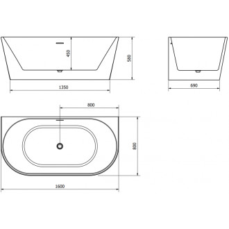 Voľne stojaca závesná vaňa Mexen Oval 160 x 80 cm, biela/čierna, prepad vo farbe gun metal - 52671608075-95