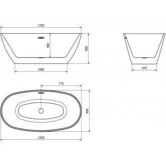 Voľne stojaca vaňa Mexen Eris 155 x 80 cm, biela/čierna, prepad vo farbe gun metal - 53441558075-95