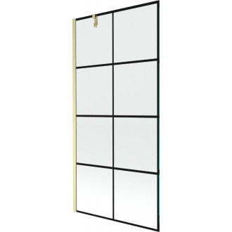 Vaňová zástena Mexen Next s jedným krídlom 90 x 150 cm, čierny kockovaný vzor, kartáčované zlato - 895-090-000-00-77-55