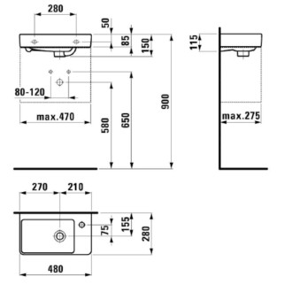 Umývátko Laufen Pro S 48x28 cm otvor pro baterii vlevo H8159550001041