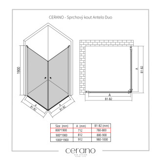 CERANO - Sprchovací kút Antelo Duo Ľ/P - 6 mm - čierna matná, transparentné sklo - 80x75x190 cm - otočný