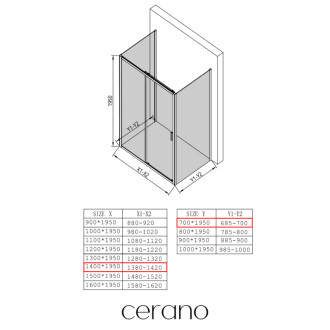 CERANO - Trostenný sprchovací kút Varone LINE UL/P - 6 mm - chróm, transparentné sklo - 140x70x195 cm - posuvný