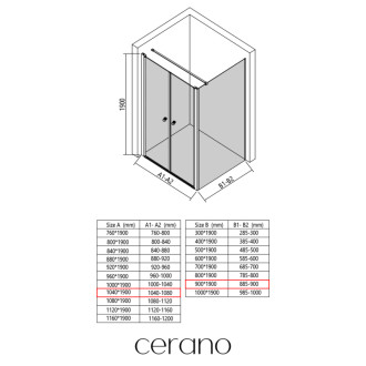 CERANO - Sprchovací kút Antelo L - Ľ/P - 6 mm - čierna matná, transparentné sklo - 104x90 cm - otočný