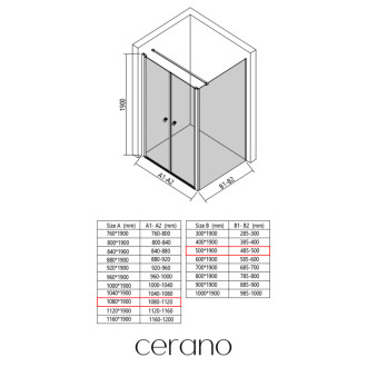 CERANO - Sprchovací kút Antelo L - Ľ/P - 6 mm - čierna matná, transparentné sklo - 108x50 cm - otočný