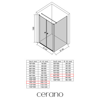 CERANO - Sprchovací kút Antelo L - Ľ/P - 6 mm - čierna matná, transparentné sklo - 108x80 cm - otočný