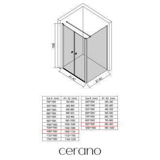 CERANO - Sprchovací kút Antelo L - Ľ/P - 6 mm - čierna matná, transparentné sklo - 108x90 cm - otočný