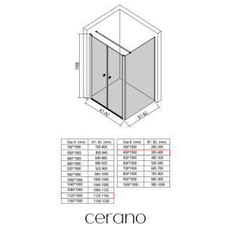 CERANO - Sprchovací kút Antelo L - Ľ/P - 6 mm - čierna matná, transparentné sklo - 112x40 cm - otočný