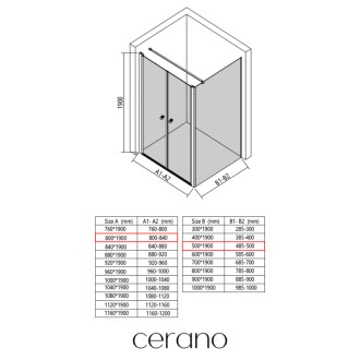 CERANO - Sprchovací kút Antelo L - Ľ/P - 6 mm - čierna matná, transparentné sklo - 80x50 cm - otočný