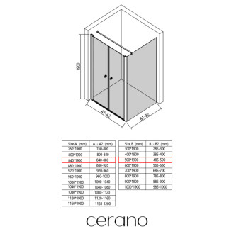 CERANO - Sprchovací kút Antelo L - Ľ/P - 6 mm - čierna matná, transparentné sklo - 84x50 cm - otočný