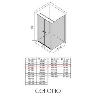 CERANO - Sprchovací kút Antelo L - Ľ/P - 6 mm - čierna matná, transparentné sklo - 88x50 cm - otočný