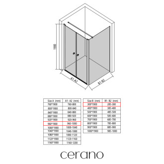 CERANO - Sprchovací kút Antelo L - Ľ/P - 6 mm - čierna matná, transparentné sklo - 96x30 cm - otočný