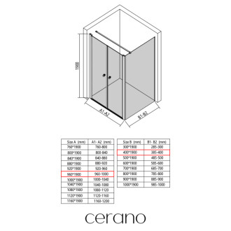 CERANO - Sprchovací kút Antelo L - Ľ/P - 6 mm - čierna matná, transparentné sklo - 96x40 cm - otočný