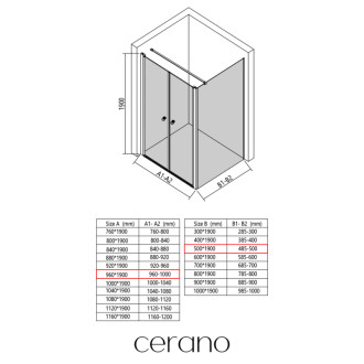 CERANO - Sprchovací kút Antelo L - Ľ/P - 6 mm - čierna matná, transparentné sklo - 96x50 cm - otočný